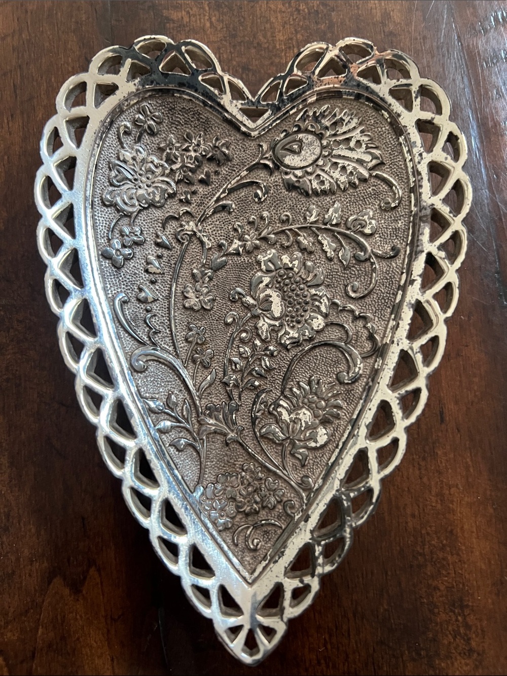 Brighton Heart Shaped Embossed Metal Dish - Silver Tone